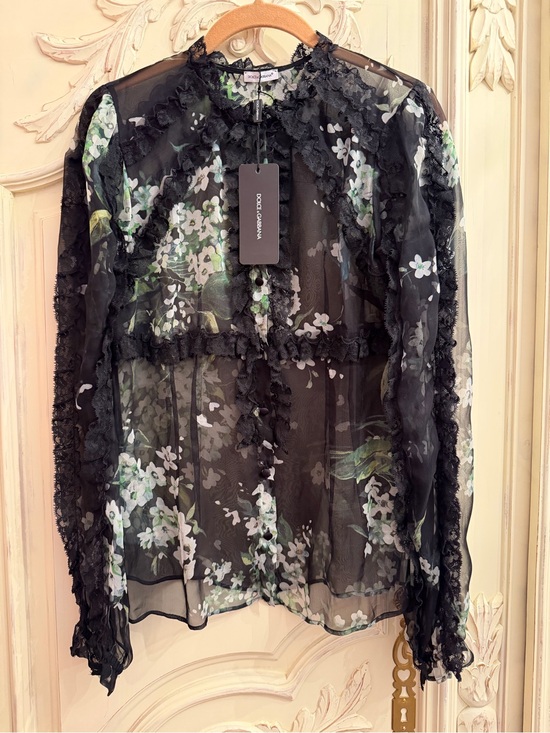 Dolce & Gabbana Tops - Dolce & Gabbana Black Sheer Floral Lace-Trim Blouse